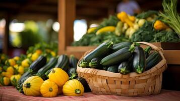 Korb von frisch Zucchini und quetschen beim Markt foto