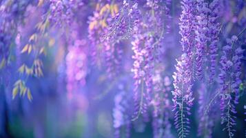 Glyzinien sinensis. Nahansicht Foto von japanisch Glyzinien Blumen. blühen Hintergrund. lila Blumen im das Garten.