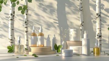 einstellen von Hautpflege Schönheit kosmetisch Produkte Stand auf Podium Birke Wald. foto