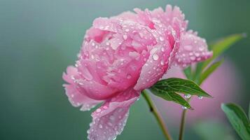 teilweise öffnen Rosa Pfingstrose und Stengel mit Regentropfen. foto