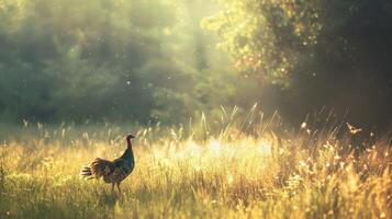 wild Truthahn Spaziergänge im das Wiese. foto