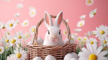 Hase Sitzung im Korb Nächster zu Gänseblümchen foto