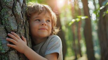 wenig Junge umarmen Baum im Wald foto