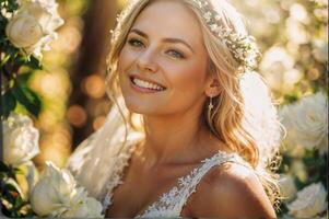 Braut halten groß und schön Hochzeit Strauß mit Blumen foto