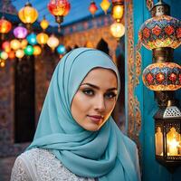 Frau im traditionell Muslim Kleidung, lächelnd. schön Frau Kopfschuss suchen beim Kamera und tragen ein Kopftuch. foto