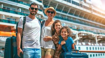 ein Familie von vier ist posieren zum ein Bild im Vorderseite von ein Kreuzfahrt Schiff Vor gehen auf Ferien foto