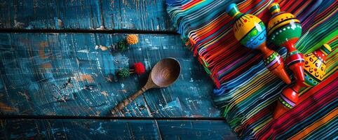 Mexiko festlich hölzern Hintergrund mit Sombrero, Serape und Maracas im eben legen Aussicht foto