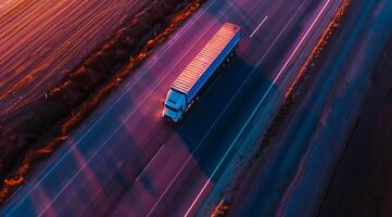 lange schleppen Container LKW Tragen kommerziell Ladung Lieferung zwischen Städte auf ein Autobahn foto