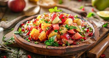 ein Teller von Obst Salat mit Erdbeeren, Kiwi, Orangen und andere Früchte foto