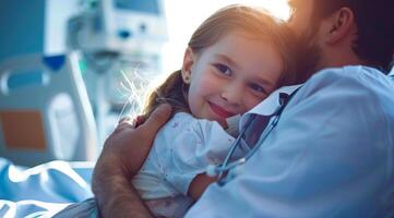Arzt umarmen wenig Mädchen im Krankenhaus Zimmer. lächelnd jung Mädchen Sein gehaltenen durch ein Arzt foto