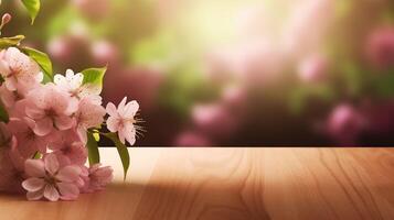 hölzern Tischplatte Anzeige, Frühling Blüten Hintergrund zum Produkt Vitrine foto