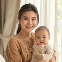 Porträt von ein lächelnd jung asiatisch Frau halten ein Baby foto