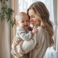Mutter Umarmen ihr glücklich Baby im ein gemütlich Zuhause Rahmen foto