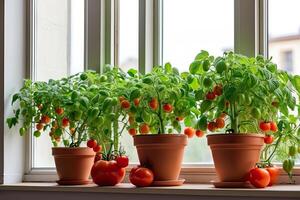 wachsend hausgemacht Tomaten beim Zuhause auf das Fensterbrett, Küche Garten, Sämlinge zum Pflanzen im das Frühling. foto