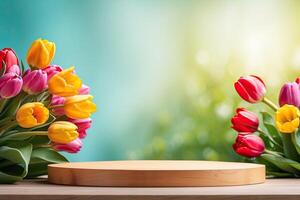 Podium zum Demonstration, Anzeige und Montage von Produkt, kosmetisch mit hell Tulpen Frühling Dekor. Frühling Zeit Hintergrund, Blühen, Geburtstag, März 8, Ostern, Damen Tag. Kopieren Raum. foto