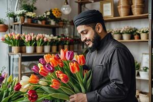 Muslim Mann Florist sammelt Strauß von Tulpen- frisch Schnitt Blumen im Kisten und Vasen im Blume Geschäft und Gestelle zum Verkauf, Lieferung zum das Urlaub. Frühling, März 8, Damen Tag, Geburtstag. foto