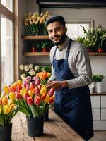 Muslim Mann Florist sammelt Strauß von Tulpen- frisch Schnitt Blumen im Kisten und Vasen im Blume Geschäft und Gestelle zum Verkauf, Lieferung zum das Urlaub. Frühling, März 8, Damen Tag, Geburtstag. foto