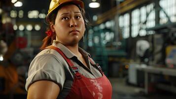 Plus Größe Frau beim ein mechanisch Ingenieurwesen Fabrik im Uniform. das Konzept von Damen Arbeit im männlich Berufe. foto