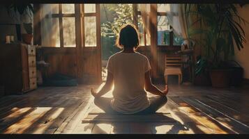 Frau meditieren im ein rustikal gemütlich Zimmer. zurück Sicht. Yoga Lotus Pose. Morgen Licht, und Sanft verträumt Atmosphäre. foto