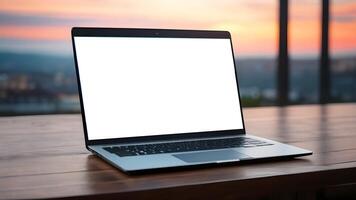 Laptop mit Weiß leer Bildschirm auf hölzern Tabelle mit verschwommen Hintergrund foto
