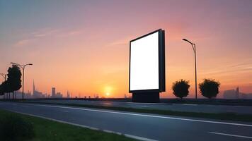 Porträt Plakatwand Weiß leer zum draussen Werbung auf städtisch beim Sonnenuntergang foto