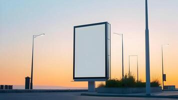 Porträt Plakatwand Weiß leer zum draussen Werbung auf städtisch beim Sonnenuntergang foto