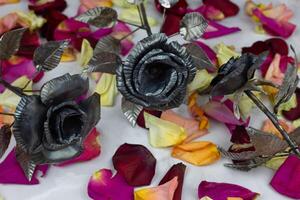 Rau Eisen Rosen gegen Hintergrund von zart Leben Blütenblätter foto