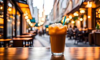 vereist Kaffee Glas gegen Cafe Hintergrund, Bokeh, groß Copyspace auf das links foto