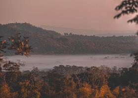 das atemberaubend Aussicht von ein Touristen Standpunkt wie Sie gehen Nieder ein Hügel auf ein nebelig Weg mit ein Hügel und ein Hintergrund von ein golden Himmel im Wald Park, Thailand. Regenwald. Vogel Auge Sicht. Antenne Sicht. foto