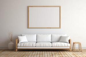 hölzern Rahmen mit leer Weiß Segeltuch im modern Leben Zimmer, minimalistisch, Attrappe, Lehrmodell, Simulation foto