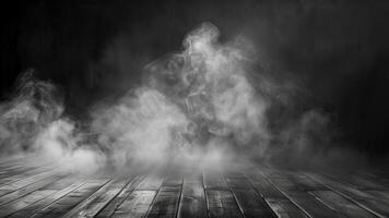 dunkel Zimmer mit hölzern Fußboden und Rauch. abstrakt dunkel Hintergrund mit Rauch foto