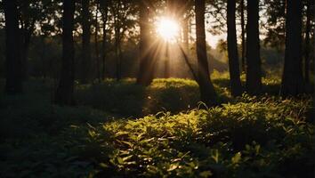 ein Strahl von Sonnenlicht durch das Bäume im das Wald foto
