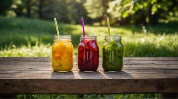 Entgiftung Cocktail, Smoothie zum Gewicht Verlust von Früchte und Gemüse gegen das Hintergrund von Natur foto