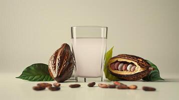frisch Kakao Wasser im Glas und Kakao Schoten mit Kakao Bohnen Hintergrund foto