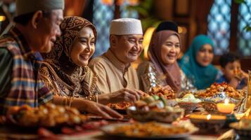 das asiatisch Muslim Familie Essen während das heilig Monat von Ramadan beim Iftar. traditionell Essen eid al adha foto