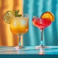 Jahrgang Cocktails trinken auf Blau und Orange Hintergrund. Alkohol kostenlos Getränk im retro Stil foto