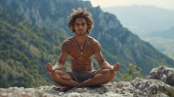 ein mittleren Alters Latein Mann üben Yoga im das Berge. Meditation im Natur. mental Gesundheit foto