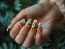 schön Frau Nägel mit Blumen- Maniküre. Frühling und Sommer- Konzept foto