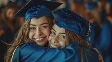 zwei jung Frauen umarmen auf Abschluss Tag. glücklich Studenten foto