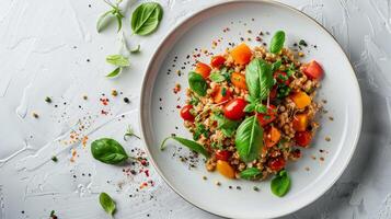 gekocht Buchweizen mit Tomate und Grüns. Gluten kostenlos Superfood. gesund vegan Essen Konzept foto