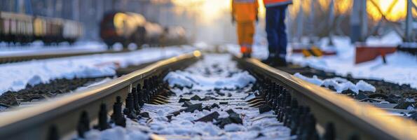 Winter Eisenbahn Inspektion, konzentriert Aussicht auf Spuren mit verschwommen Hintergrund von Eisenbahn Arbeitskräfte im hoch Sichtweite Kleidung inspizieren das Seite? ˅ foto