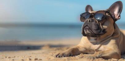 Französisch Bulldogge genießen auf das Sand im das Ozean während tragen Sonnenbrille foto