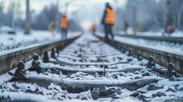 Winter Eisenbahn Inspektion, konzentriert Aussicht auf Spuren mit verschwommen Hintergrund von Eisenbahn Arbeitskräfte im hoch Sichtweite Kleidung inspizieren das Seite? ˅ foto