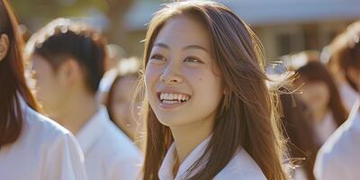 ein schön japanisch Frau mit lange Haar und groß Augen lächelt, foto