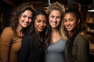 Porträt von ein Gruppe von vier Mädchen von anders Nationalitäten, ein Treffen von freunde im ein Cafe. foto