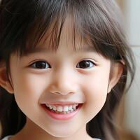 Kopf von ein wenig Mädchen Kind von asiatisch Aussehen lächelnd und haben milchig Weiß und Gerade Zähne foto