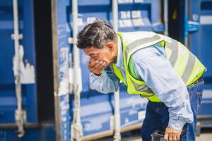 Ingenieur oder Vorarbeiter hat ein Unfall während Arbeiten auf Container Schiff. Logistik global importieren oder Export Versand industriell Konzept. foto