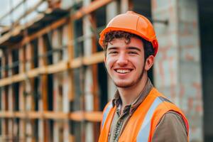 jung Ingenieur Mann beim das Konstruktion Seite? ˅. Porträt von glücklich jung männlich Ingenieur. foto