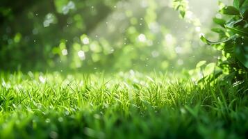 Grün Gras mit Sonnenlicht. schön Sommer- Hintergrund, Kopieren Raum. Boden Niveau Sicht. foto