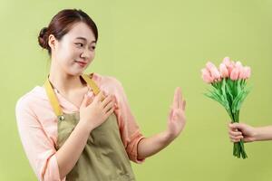 Foto von jung asiatisch weiblich Haushälterin auf Grün Hintergrund